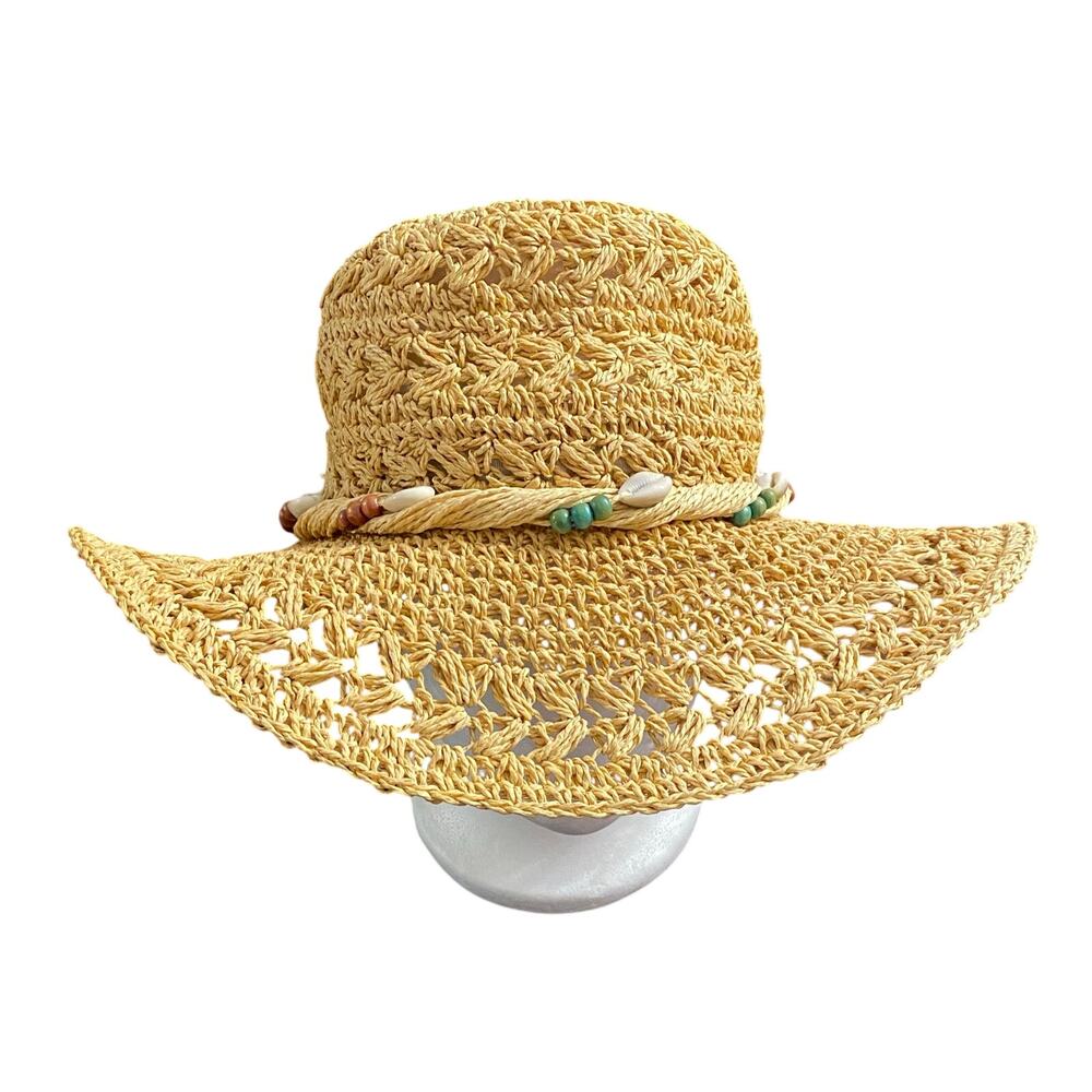 Sun ‘N’ Sand Crochet Straw Floppy Sun Hat Shell Bead Boho Beach One Size Resort